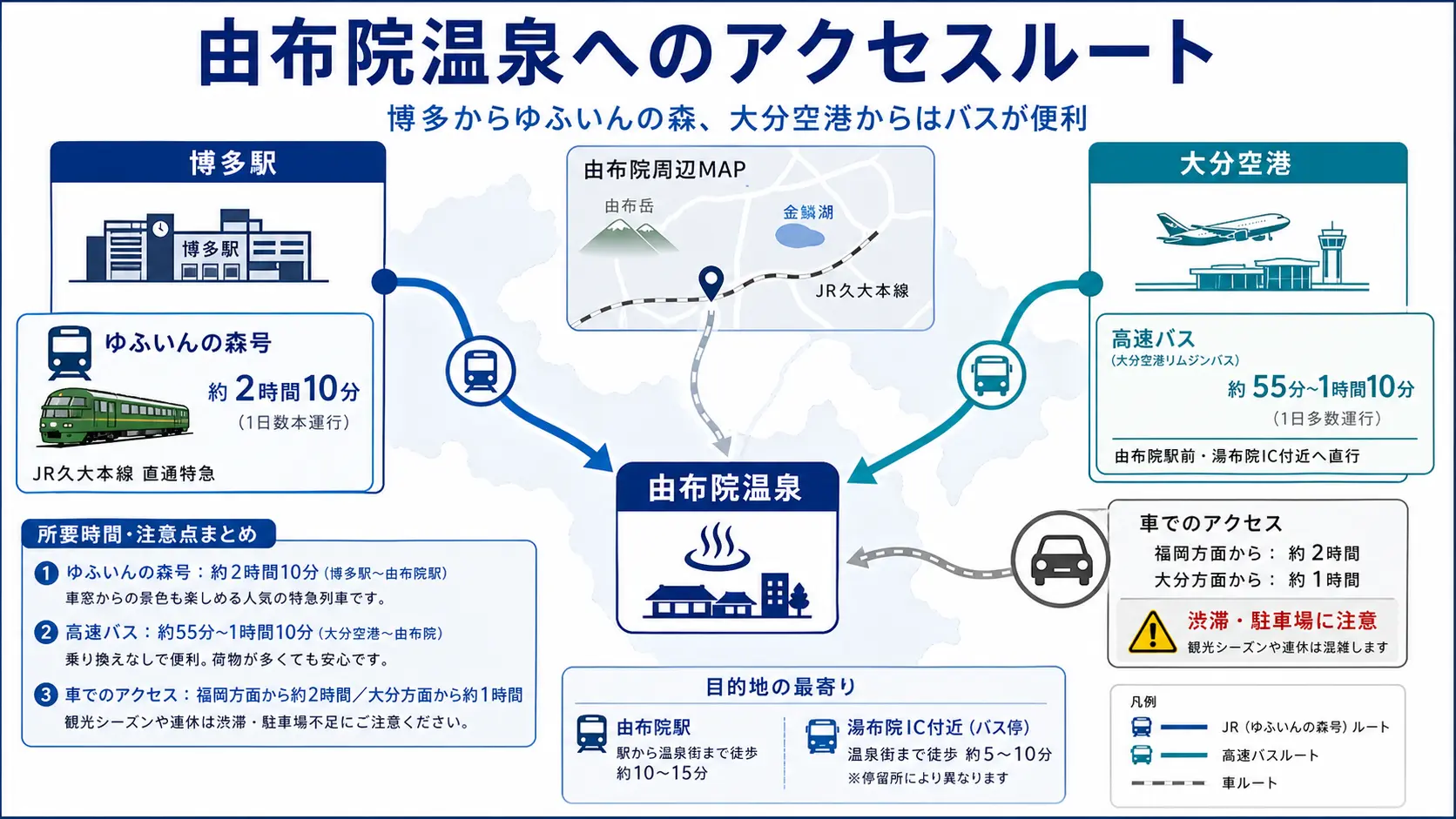 福岡・大分空港から由布院温泉へのアクセスを示す図解
